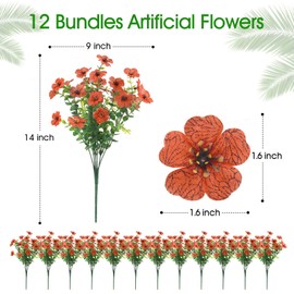 KTGOW 12-Pack Artificial Faux Flowers, UV-Resistant Silk Fake Plants Spring Summer Decoration Indoor Outdoor Decor for Home, Porch, Balcony, Lawn, Yard (Orange)