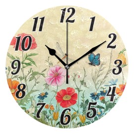 ALAZA Dragonfly Butterfly Tulip Flower Wall Clock Battery Operated Clock Silent 9.5 Inch Non Ticking Wall Clocks for Bedroom Living Room Decorative