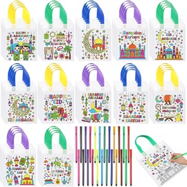 Saypacck 48 Pcs Ramadan Coloring Goodie Bags Bulk with Paint Pens Color Your Own Eid Mubarak Gift Bags Ramadan Crafts Reusable Canvas Bag for Eid Mubarak Home Activities Party Favors(Classic)