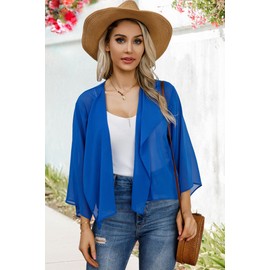 Women's Shrugs Short Kimono Cardigans 3/4 Sleeve Lightweight Beach Cover up（B-Dark Blue,3XL）
