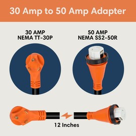 TechnoRV 30-Amp to 50-Amp RV Adapter – 12 Inch – NEMA TT-30P to NEMA 14-50R Dogbone Electrical Converter – Includes LED Power Indicator – Orange