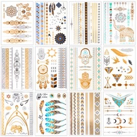 Metallic Temporary Tattoos 120+ for Women Teens Girls Tattoos Gold Silver Glitter Flash Waterproof Tattoo Stickers for Beach, Festivals, & Parties