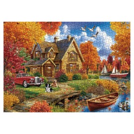 Autumn Country House Puzzles for Adults 1000 Pieces, Fall Landscape Funny Dogs Bird Jigsaw Puzzles, Colorful Golden Retriever Labrador Duck Tree Holiday Puzzle