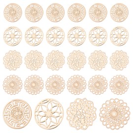 CHGCRAFT Pack of 96 4 Style Filigree Flat Round Connector Flowers Filigree Wrap Charms Brass Etched Metal Embellishments Long Barrel for Jewellery Making