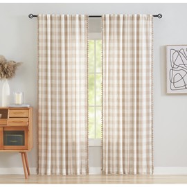 Tan Buffalo Plaid Curtains Pom Pom Window Curtains for Living Room Bedroom 40 x 54 Inch Rustic Farmhouse Gingham Check Pattern Linen Semi Sheer Drapes Taupe and White Window Panels, Pencil Pleat, 2pcs