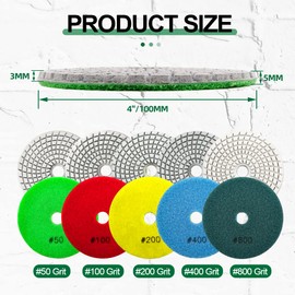 KURSTOL Diamond Polishing Pads Set - 10pcs 4"/100mm Grits #50 Wet Countertop Polishing Pads for Granite Quartz Stone Marble Floor