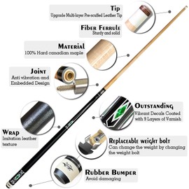 Tai ba cues 2-Piece Pool cue Stick + Hard Case, 13mm Tip, 58", Hardwood Canadian Maple Professional Billiard Pool Cue Stick 18,19,20,21,22 Oz Pool Stick (Selectable)-Blue, Black, Red, Gray, Green