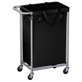 SOBECHOI Laundry Basket with Wheels, 2-Section Rolling Laundry Hamper, 37 Gallons (140L), Removable Liner and Steel Frame - Steel Frame with Handle - Ink Black, 23.6 x 15.5 x 32.6 Inches