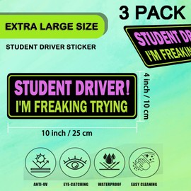 Miss Kiss Student Driver Car Magnet, 3 Pack Extra Large Student Driver Signs for Car, Reflective New Driver Vehicle Bumper Magnetic Sticker, Novice Driver Safety Warning Sign (Black-PinkYellow)
