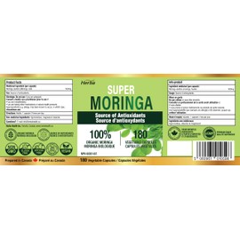 Herba Herba Organic Moringa Capsules - 1000mg Per Day | 180 Moringa Leaf Capsules | Made in Canada | 500mg of Pure Moringa Powder per Capsule