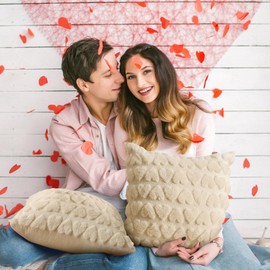 Valentine's Day Pillow Covers, Set of 2 Soft Plush Short Wool Velvet Throw Pillow Covers, Valentines Heart Love Decorative Square Luxury Cushion Case Pillow Shell for Sofa Holiday- Beige 18x18 Inch