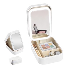 Organizador de Cosméticos con Espejo Iluminado con LED, Bolsa de Cosméticos Portátil Organizador de Joyería, Estuche de Cosméticos a Prueba de Polvo con Espejo y Luces Integradas (Blanco)