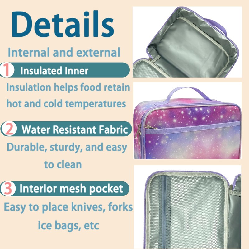 Kulle Lunch Box for Girls, Insulated Space Theme Lunch Bag,