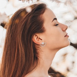 Vintage Crystal Lotus Flower Earrings for Women,14k Gold Lotus Flower Hollow Piercing Stud Earrings Silver Ear Cuff Small Cartilage Earrings (Silver)