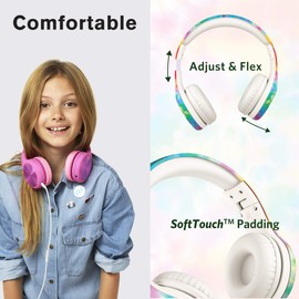 LilGadgets Connect+ Pro Girls Headphones for School - Designed with Kids' Comfort in Mind, Foldable Over-Ear Headset with in-line Microphone, Headphones for Kids for School, Tie Dye Rainbow