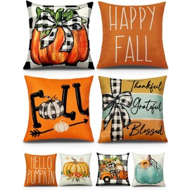 Fall Decorations Set of 4 Double-Sided Print Fall Pillow Covers 20" x 20", with 8 Cute Fall Decor Patterns, Soft Linen Throw Pillow Covers for Outdoor & Indoor Use, Perfect for Fall and Thanksgiving