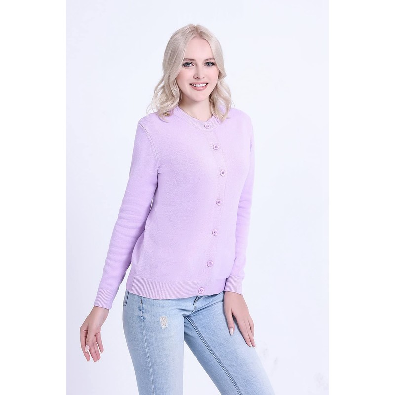 SMILING PINKER Women's Basic Crew Neck Knitted Cardigan with Button,