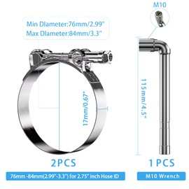PEROMI 2 Pack 2.75 Inch T Bolt Hose Clamps Working Range 76-84mm for 2.75 Inch Hose ID, Stainless Steel Turbo Intake Intercooler Clamps