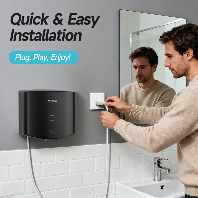 AIKE Air Wiper Compact Hand Dryer 110V 1400W Black (with