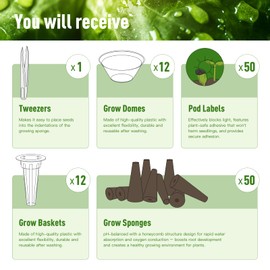 125 pcs Hydroponic Seed Pod Kit – Compatible with AeroGarden, iDOO Indoor Hydroponic Growing Systems. Includes: 50 Sponges, 50 Labels, 12 Baskets, 12 Clear Propagation Domes, +1 Plastic Tweezers