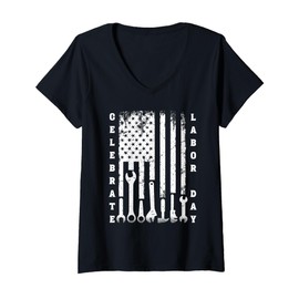 Womens Labor Day American Flag Worker Tools Apparel V-Neck T-Shirt