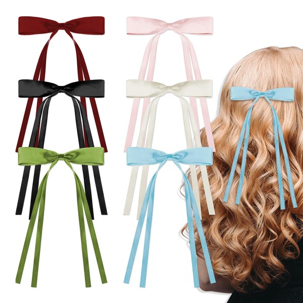 KANPRINCESS Hair Accessories Set: 6 Satin Barrettes with Tassels, Long