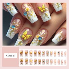 Medium Square Press on Nails Pink White Gradient Stick on Nails Glossy Full Cover Acrylic Nails with Butterfly Flower Designs Spring Summer Fake Nails 3D Diamond Charms Glue on Nails for Women 24Pcs
