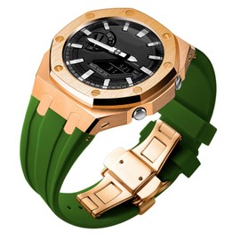 Ga2100 Band Case Strap Mod Kit,Pink Gold Stainless Steel Metal Case Bezel 9 match Color Silicone Band Strap Parts Compatible With Casio G shock Ga-2100 Ga-2110 GAB-2100 (Green Silicone Band)