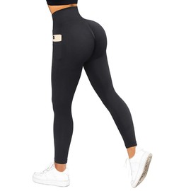 SUUKSESS Women Seamless Butt Lifting Leggings with Pockets Booty High Waisted Workout Yoga Pants (Black, L)
