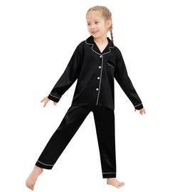 SWOMOG Family Matching Pyjamas Set Silk Satin Button Down Sleepwear Long Sleeve Nightwear 2 Pcs Pj Set Family Black 150