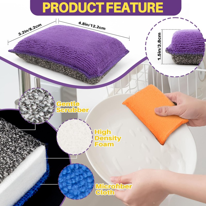 MAQIHAN 8 Pack Microfiber Sponge Kitchen - Dish Scrubber Sponge