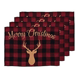 Set of 4, Red and Black Checkered Christmas Reindeer Merry Christmas Tapestry Placemats for Holiday Season, Home Decoration Kitchen Dining Table, Easy to Clean Size: 13" x 19".