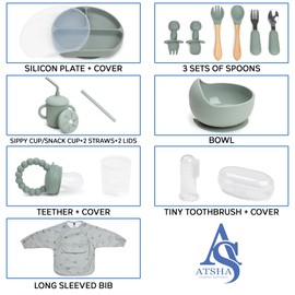 Silicone Baby Feeding Set - 19 Pcs Baby Led Weaning Supplies, Suction Plate and Bowl, Sippy Cup, 3 Set of Forks, Fruit Tetther, Tiny Brush, and Long Sleeved Bib