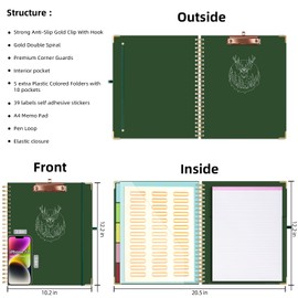 Ospelelf Clipboard Folio with Notepad for Letter Size, Clipboard Folder with Storage, 5 Folders with 10 Pockets, Elastic Closure and Pen Loop (Christmas Green)
