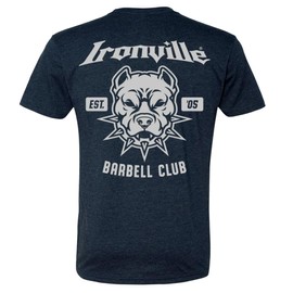 Ironville Pit Bull Barbell Club Powerlifting Soft Blend T Shirt (US, Alpha, X-Large, Regular, Regular, Art on Back - Navy Blue)