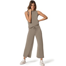 SAMPEEL 2 Piece Outfits for Women 2024 Fashion Lounge Sets Wide Leg Pants 2 Piece Summer Outfits Sleeveless Mock Neck Tops Matching Sets Vacation Tracksuit XL