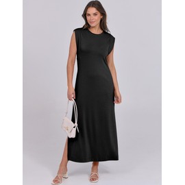 ANRABESS Womens Maxi Dresses 2025 Summer Casual Sleeveless Sundress Crew Neck Loose Split Beach Long Shirt Dress with Pockets Black Medium