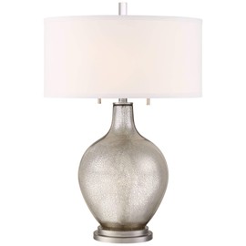 Possini Euro Design Louie 28 1/2" Tall Modern Luxe End Table Lamp Silver Mercury Glass Single Fabric White Shade Living Room Bedroom Bedside Nightstand House Office Home Reading Kitchen Entryway