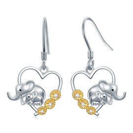 VONALA Elephant Dangle Earrings Sterling Silver Sunflower Mother and Daugher Earrings Animal Dangly Drop Heart Earrings Elephant Jewelry for Women