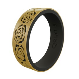 QALO Women's Rubber Silicone Ring, Blossom Strata Rubber Wedding Band, Breathable, Durable Engagement Silicone Ring, 6mm Wide 1.85mm Thick, Gold & Black, Size 7