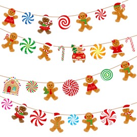 4Pcs Christmas Gingerbread Banners Christmas Candyland Party Decorations Gingerbread Man Lollipop Theme Banners Garlands for Xmas Gingerbread Party Winter Holiday Party Supplies