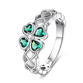 VONALA Shamrock Ring 925 Sterling Silver Irish Celtic Ring Four Leaf Clover Jewelry for Women, Sterling Silver, Cubic Zirconia