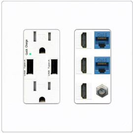 RiteAV 3 HDMI Wall Plate 2 Cat6 1 Coax - USB Outlet [Screwless White]