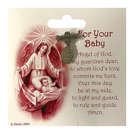 Birth or Baptism Gift "Baby" Lapel Pin with Dangling Pink Miraculous Medal Charm