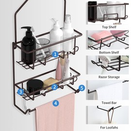 Caddy Hanging over Shower Head Rust Roof Organizer with 10 Hooks for Razor Shampoo Holder Bathroom Rack Storage Shelf with Towel Bar – Bronze