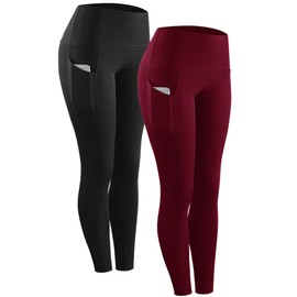 Neleus 2 Pack Tummy Control High Waist Running Workout Leggings,9017,Black,Red,US XL,EU 2XL