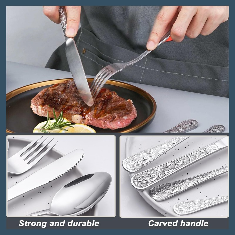 Runfly Vintage Carved Stainless Steel 20 Pieces Flatware Set, Silverware
