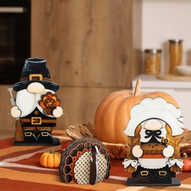 Yerliker 3 Pcs Pilgrim Gnome Table Decorations Fall Wood Sign Tabletop Decor Thanksgiving Turkeys Farmhouse Tiered Tray Decors for Indoor Holiday Harvest Home Autumn