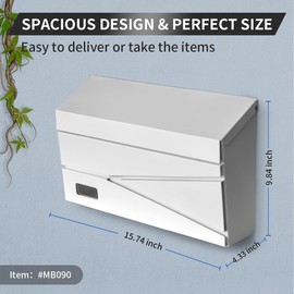 Ydocabinit Wall Mount Mailbox, Large Capacity Mailbox for House, Visibility Galvanized Steel Rust-Proof Metal Post Box Drop, Mailboxes for Outside, 15.74"×9.84"×4.33" Solar Lanterns White