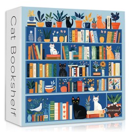 Cat Bookshelf Puzzle for Adults 1000 Pieces, Kitty Book Puzzle Plant, Flower Kitten Themed, Cat Challenging Jigsaw Botanical